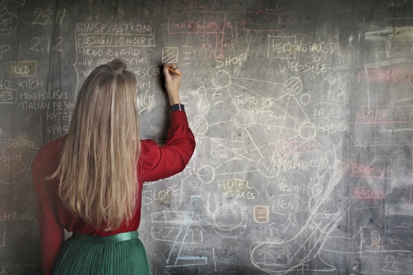A woman writing on a board about business intelligence