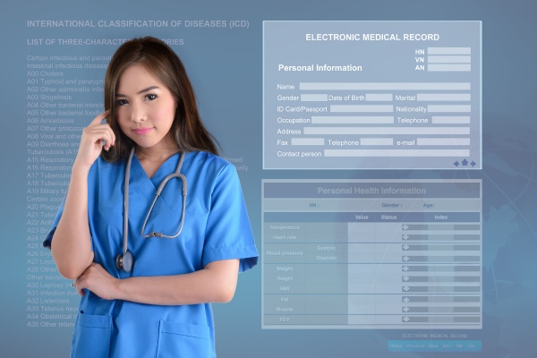 health care worker managing information and medical records with a technology solution